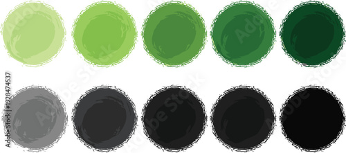Grunge circle brush strokes collection in green and black shades, abstract paint splash frames isolated on white background for logo badge and design elements