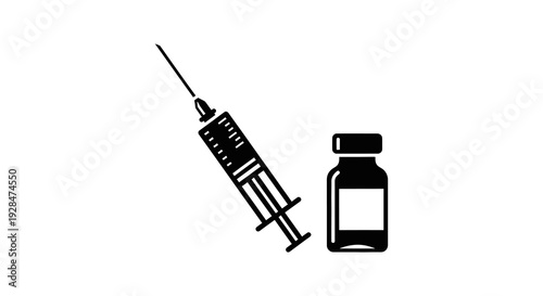 Black syringe and vial illustration likely representing vaccination or medical injection