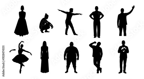 Silhouettes of diverse people in various poses against a white background