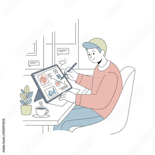 Young man drawing on a digital tablet with a stylus.
