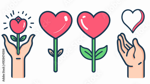 Four stylized illustrations flowers and hearts held by hands, emphasizing concepts of love and growth