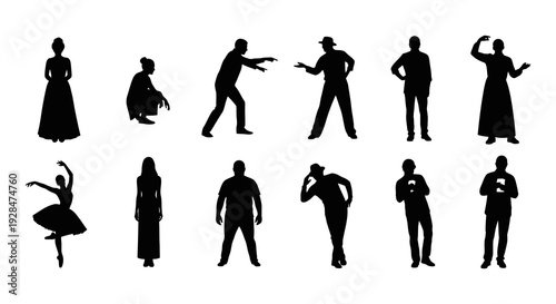 Collection of black silhouettes depicting various human poses and activities