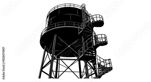 Black and white illustration of a large water tower with metal framework