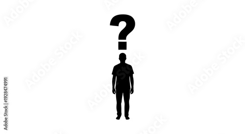 Silhouette of a person standing beneath a large black question mark