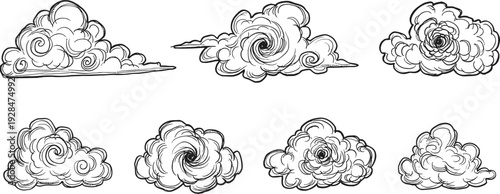 Hand drawn smoke cloud collection vector set, swirling cartoon dust and explosion puffs isolated on white background, dynamic comic style effect elements