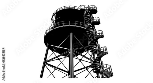 A black and white illustration of a tall water tower with external staircases