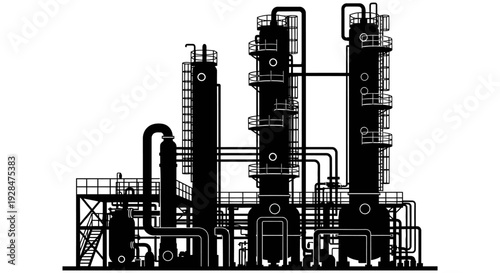 Silhouetted industrial refinery complex with multiple towers and connecting pipes