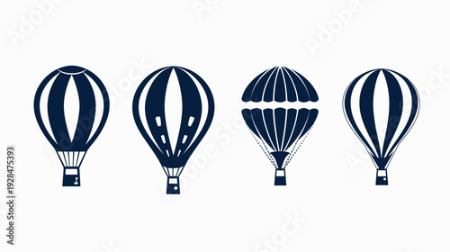 Four stylized hot air balloon illustrations in dark blue against a clean white background