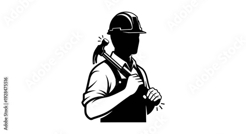 Silhouette of a construction worker with a hammer over his shoulder