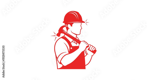 Red silhouette of a construction worker holding a hammer over his shoulder