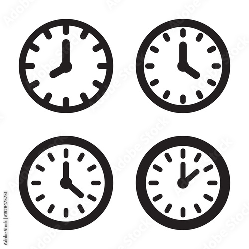 Set of four analog clock icons showing different times on white face