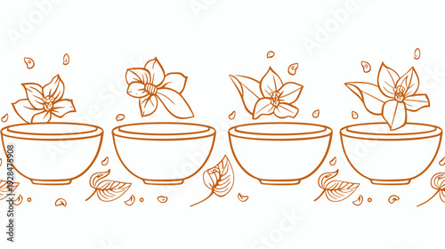 A seamless line art border with stylized bowls, flowers, leaves, and floating petals in an earthy hue