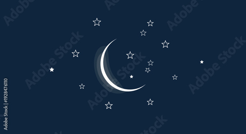 Crescent Moon and Stars in Night Sky.