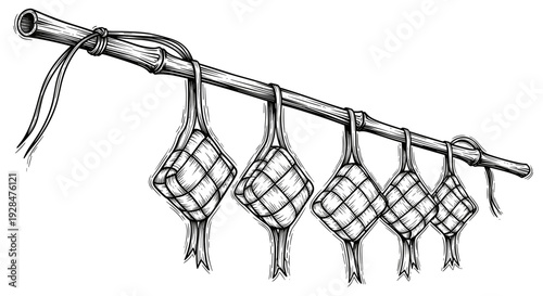 Five Fishing Nets Hanging on Pole.