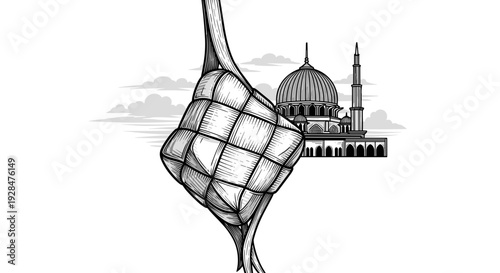 Hand holding prayer beads illustration.