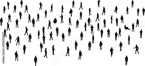 Large crowd of diverse human silhouettes walking and standing isolated on white background, abstract people collection for urban lifestyle, social concept, population diversity theme