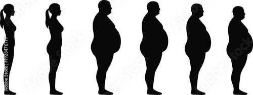 Male and female body transformation silhouettes vector set, slim and overweight human profiles isolated on white background for health and fitness concept