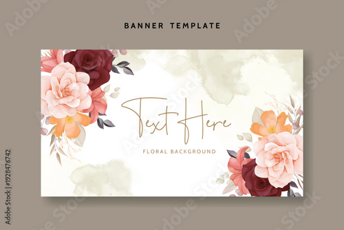 Elegant Watercolor Floral Background with Peach and Burgundy Blooms Flowers