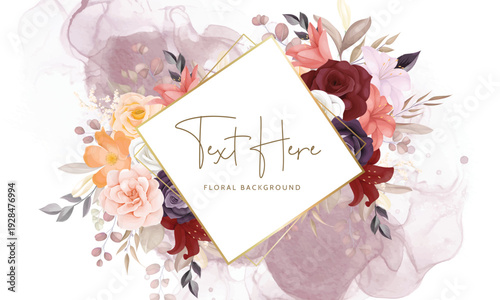 Elegant Watercolor Floral Background with Peach and Burgundy Blooms Flowers