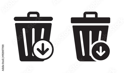 Two trash can icons with a download arrow symbol on a white background