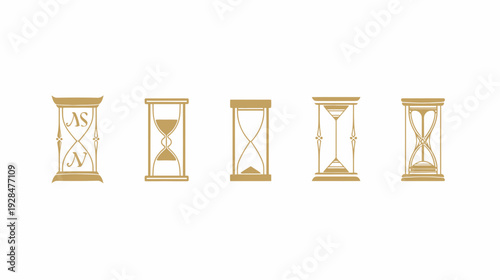 Several ornate hourglass illustrations in gold, arranged horizontally on a white background
