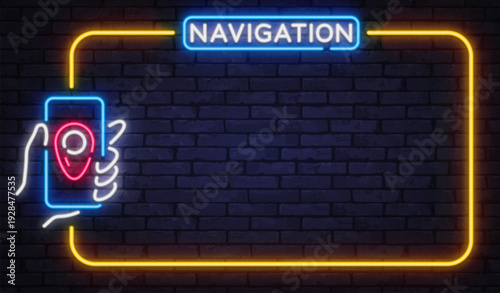 Neon navigation sign with smartphone and location pin on brick background. Modern glowing style supports maps, travel, and direction themes.