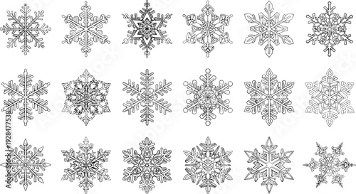 Set of detailed snowflake outline vector illustrations arranged in grid, intricate winter crystal designs isolated on white background, decorative holiday elements for seasonal projects
