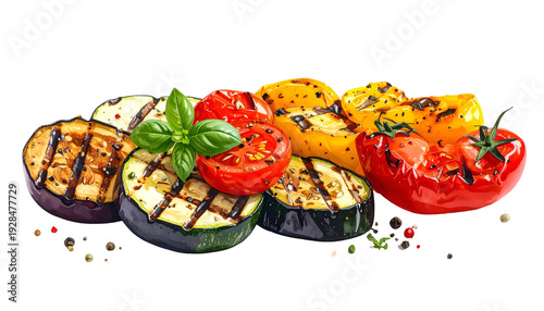 Close-up of grilled vegetables and fresh basil leaves against a dark backdrop, showcasing vibrant colors and textures