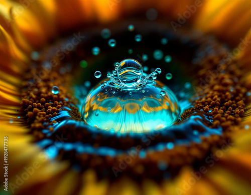 Macro freeze-frame water droplet crown with bioluminescent