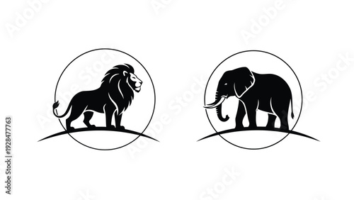 Contrasting silhouettes of a lion and an elephant within circular frames Vector