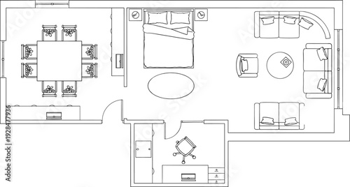 Top view apartment floor plan vector illustration, modern home layout with bedroom, living room, dining area and office workspace isolated on white background