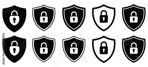 Security lock and unlock icon collection featuring padlocks with checkmarks, cross symbols, and protective shield icons, privacy and access protection concept, editable vector illustration set, flat 