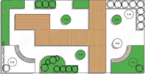 Top view garden measurement plan vector illustration, landscape layout with wooden deck, shrubs and marked distances in meters for backyard design project