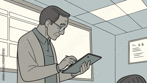 A tech professor in an ultra-realistic cartoon style, using a digital tablet in a modern classroom.