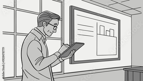 A tech professor in an ultra-realistic cartoon style, using a digital tablet in a modern classroom.