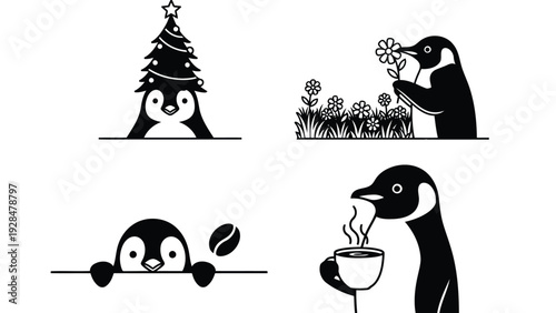 Whimsical winter scene featuring penguins and a cute penguin chef Vector