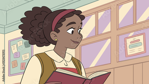 A young, ultra-realistic cartoon-style teacher with voluminous curly hair, holding an open book.