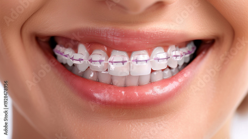 Macro close-up of ceramic braces with purple ligatures on white teeth — orthodontic treatment concept.