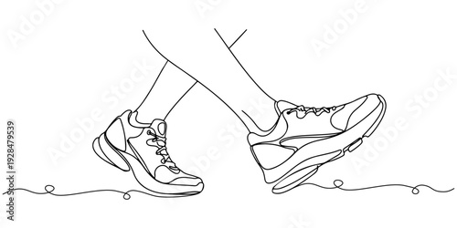 A continuous single line drawing of a pair of running shoes in motion, symbolizing speed and athletic endurance line art style illustration.