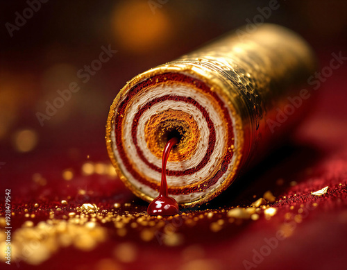 Extreme macro close-up of antique brass firecracker cylinder with oxidation patina, crimson wax seal, hand-rolled paper fuse on burgundy velvet. Cross-polarized studio lighting reveals hammered