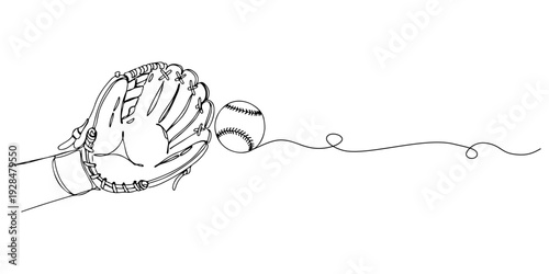 A continuous single line drawing of a baseball glove catching a ball, symbolizing focus and sports precision, line art style illustration.