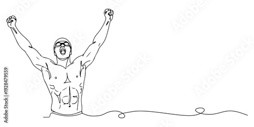 A continuous single line drawing of a swimmer raising arms in celebration, representing sports victory, line art style illustration.