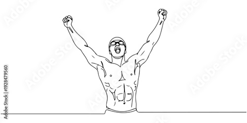 A continuous single line drawing of a swimmer raising arms in celebration, representing sports victory, line art style illustration.