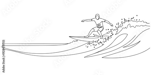 A continuous single line drawing of a surfer riding a wave, representing adventure and sports freedom, line art style illustration.