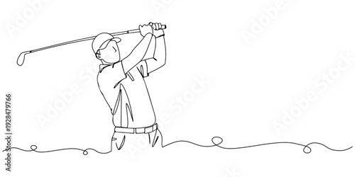 A continuous single line drawing of a golfer swinging a club, representing calmness and control in sports, line art style illustration.