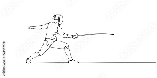 A continuous single line drawing of a fencer lunging with a sword, symbolizing elegance and strategy in athletics, line art style illustration.