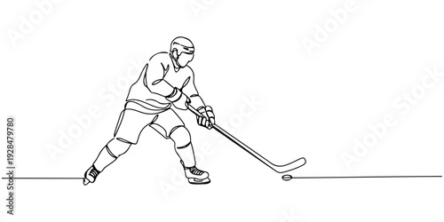 A continuous single line drawing of an ice hockey player swinging a stick, symbolizing speed and power, line art style illustration.