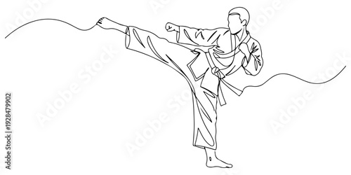 A continuous single line drawing of a martial artist performing a kick, representing discipline and energy, line art style illustration.