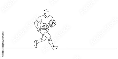 A continuous single line drawing of a rugby player running with the ball, symbolizing determination and teamwork, line art style illustration.