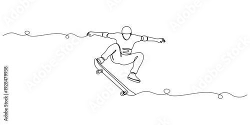 A continuous single line drawing of a skateboarder mid-trick, symbolizing youth and creativity in sports, line art style illustration.